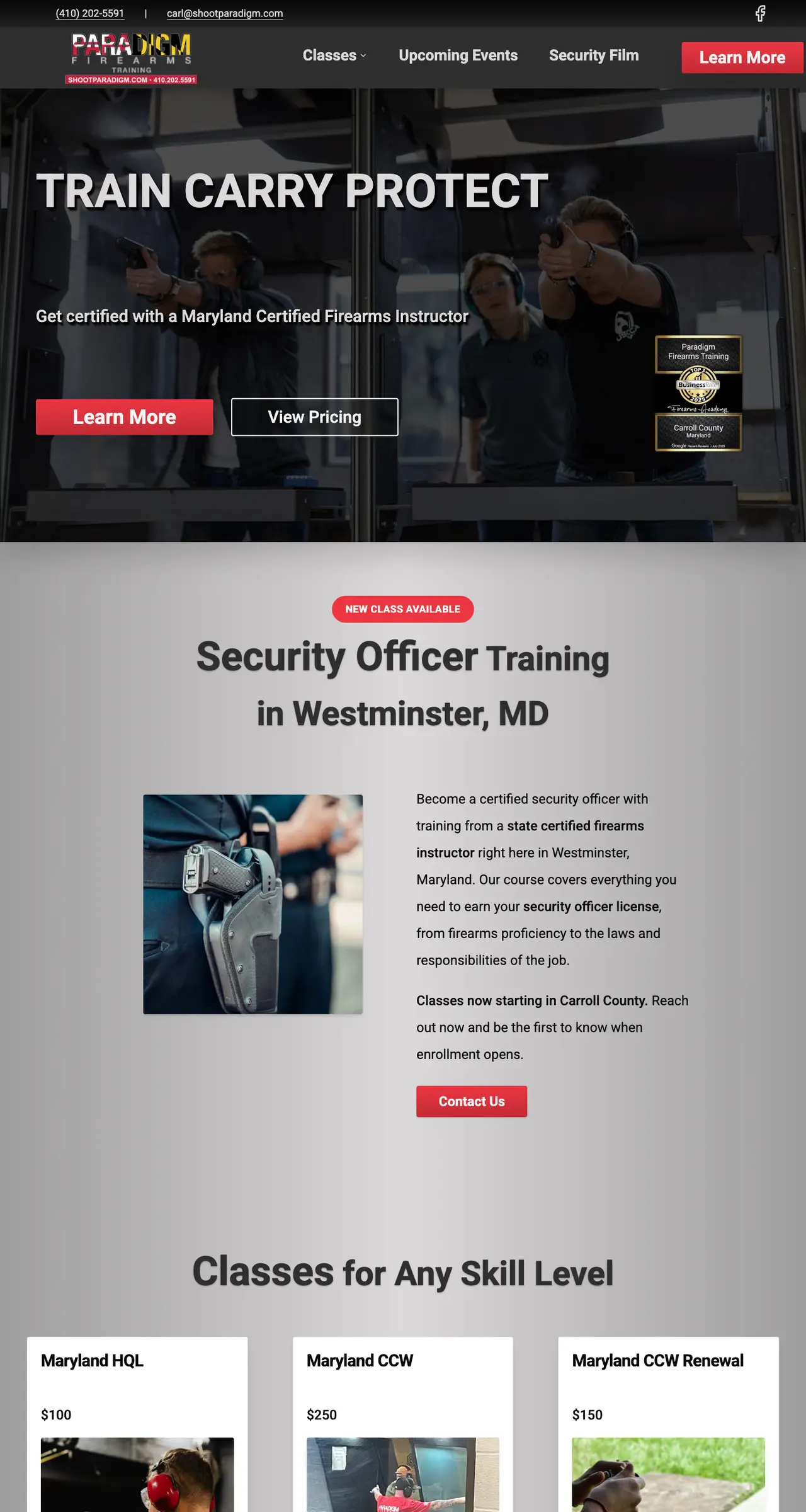Paradigm Firearms Training website, built by Poe Tech