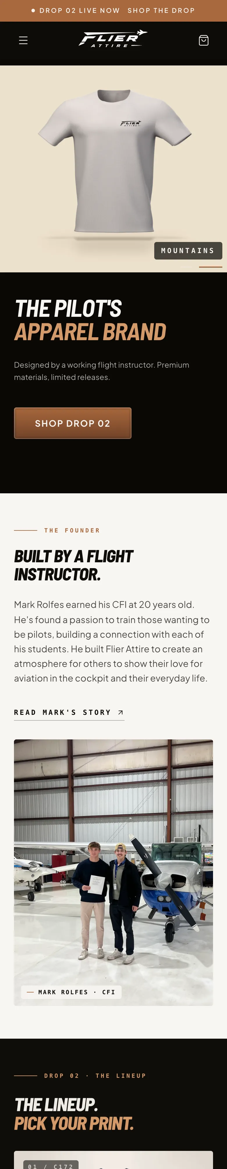 Flier Attire website on a phone, built by Poe Tech