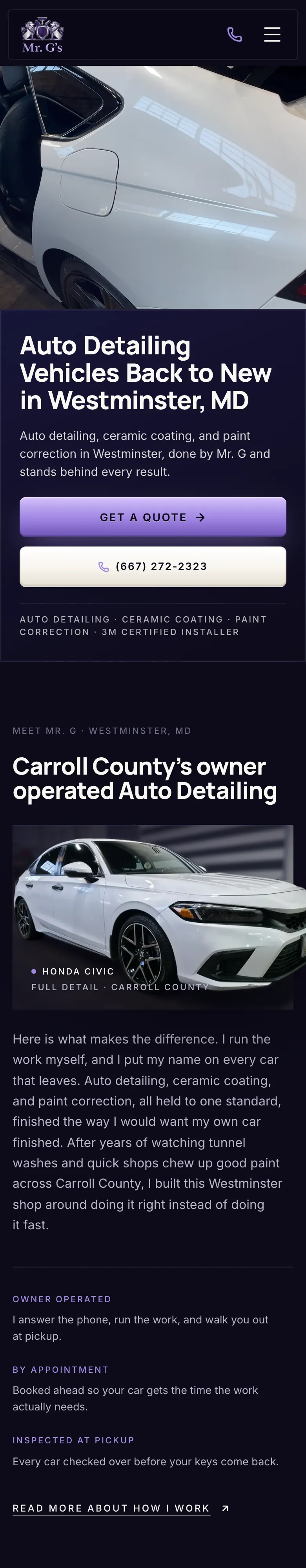 Mr. G's Auto Care website on a phone, built by Poe Tech